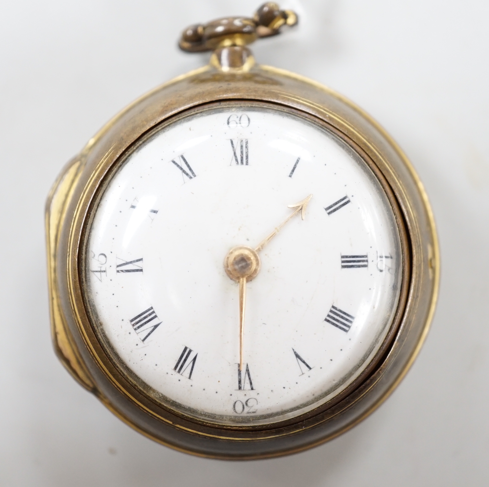 An 18th century gilt metal pair cased keywind verge pocket watch, by William Hope, London, with Roman dial, the signed movement numbered 1523.